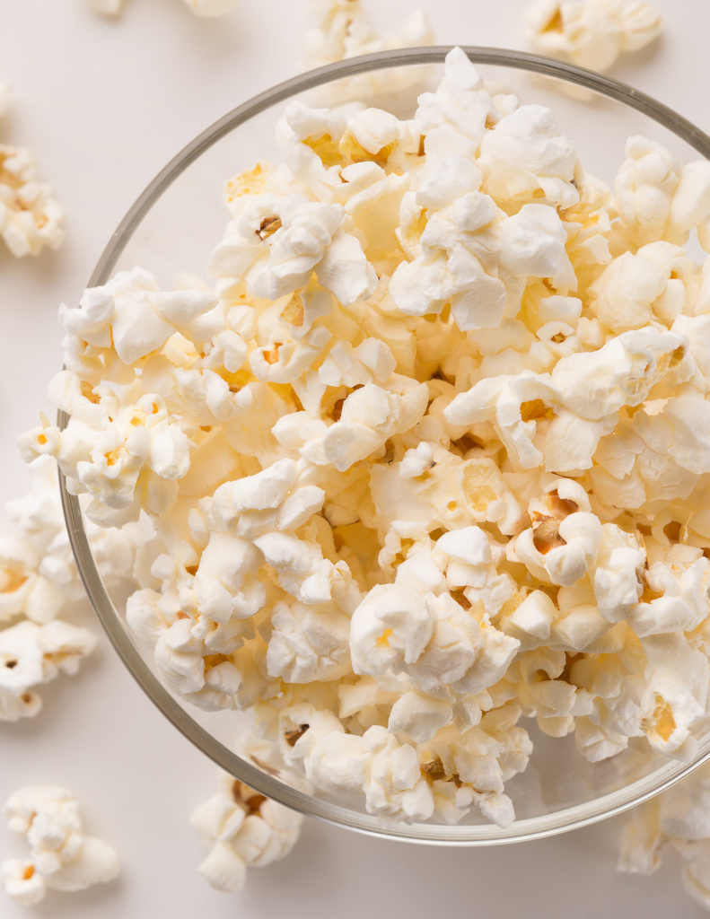 coconut oil popcorn in glass bowl