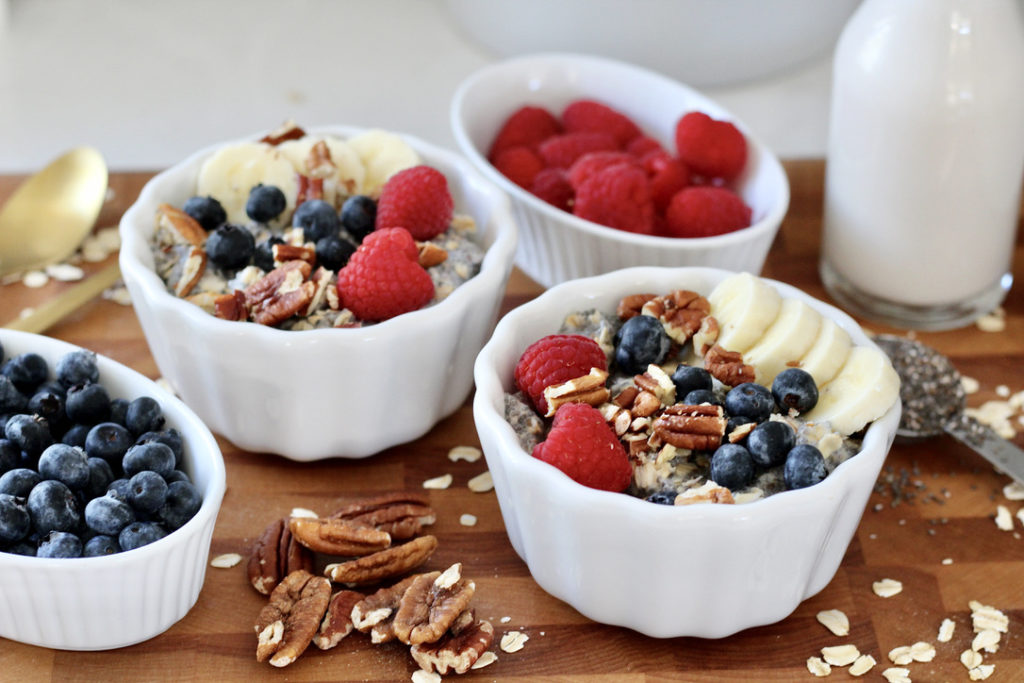 chai seed oatmeal bowls on cutting board