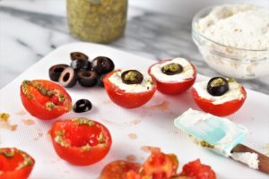 halloween caprese eyeballs pesto