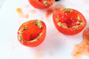 pesto and tomatoes for low carb caprese eyeballs halloween