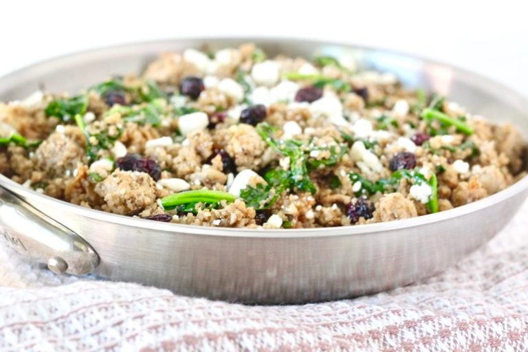 cranberry quinoa veggie saute 3 | Milk & Honey Nutrition one pan meal with quinoa cranberries and spinach