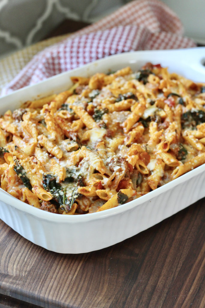 cheesy ground beef pasta in casserole dish