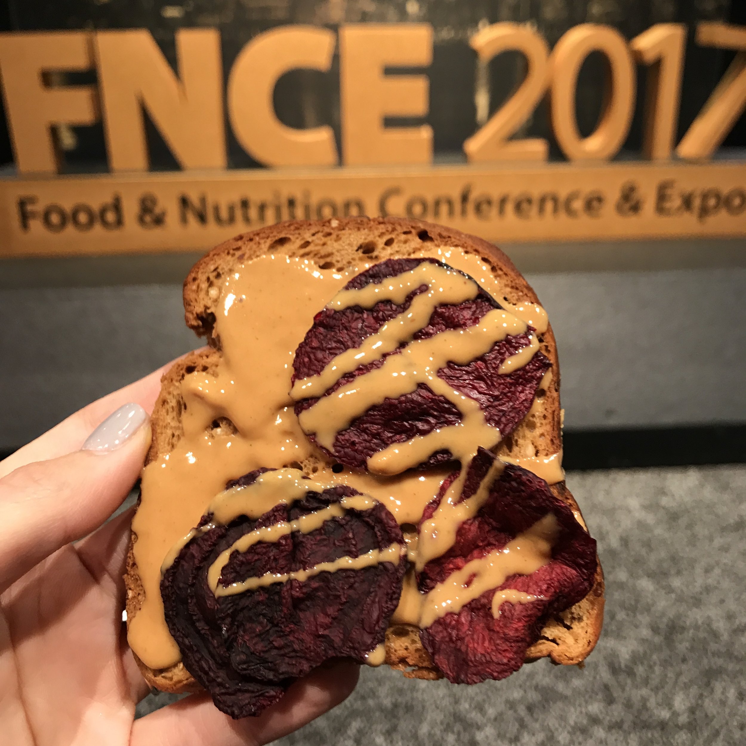  The last day of FNCE was a Tuesday... so naturally, I felt the need to celebrate #toasttuesday using my favorite Expo samples: Rhythm Superfoods Beet Chips, Crazy Richard's Peanut Butter, and Schar Gluten Free Bread. 