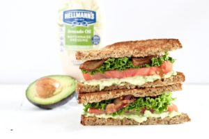 Avocado Lime BLT Sandwich with half of an avocado and Hellman's dressing