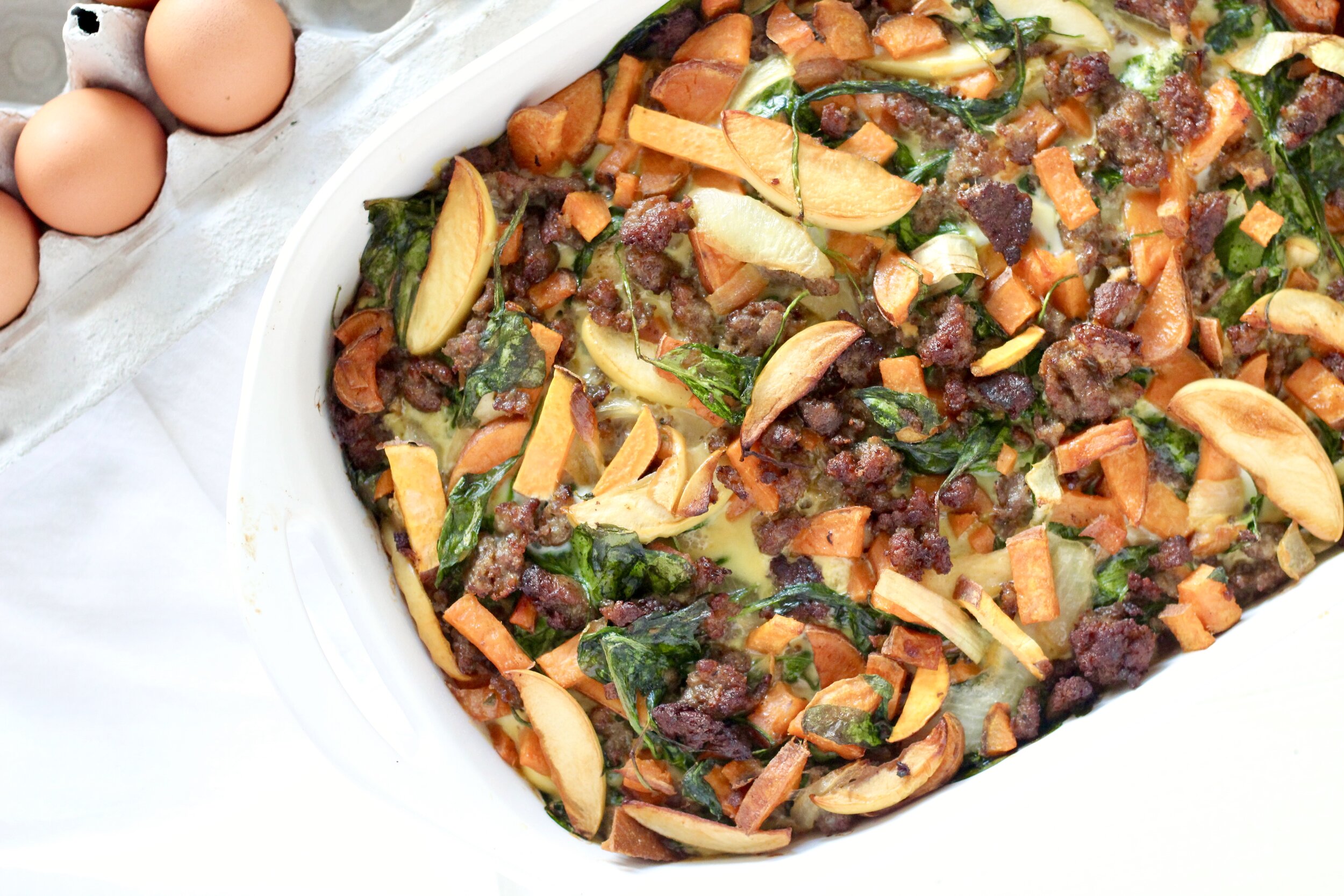   Caramelized Onion, Apple, and Sweet Potato Overnight Breakfast Bake  