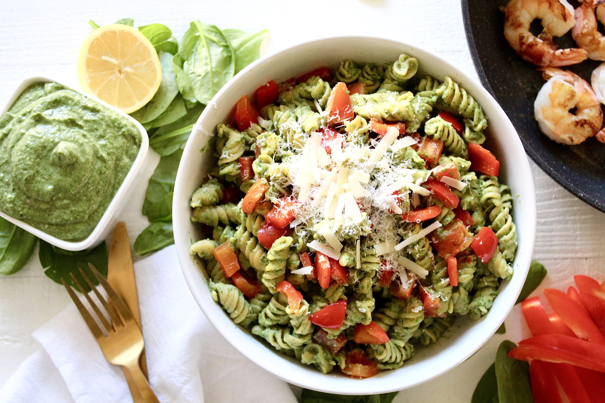 Creamy Spinach Pasta with Shrimp (Gluten Free) and bowl of spinach sauce