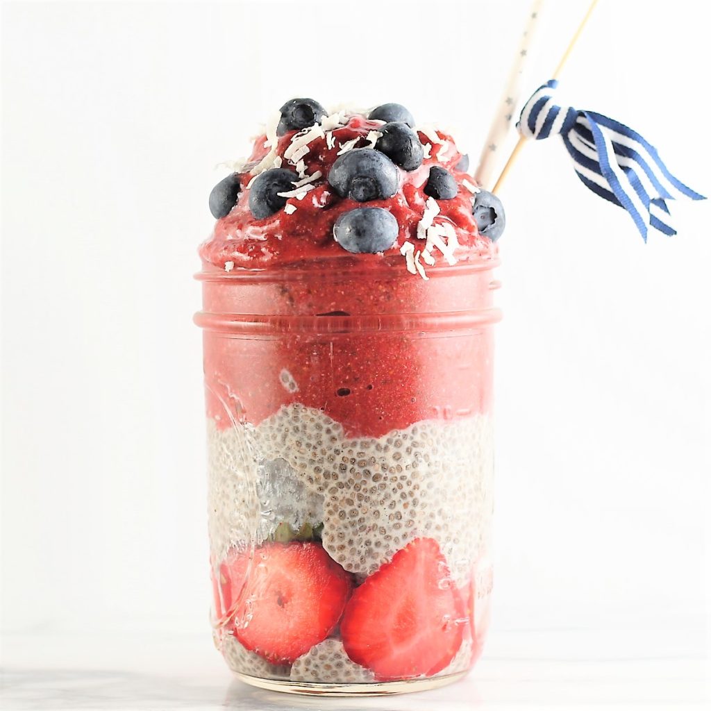 chia seed parfait 4th of july with strawberries and blueberries