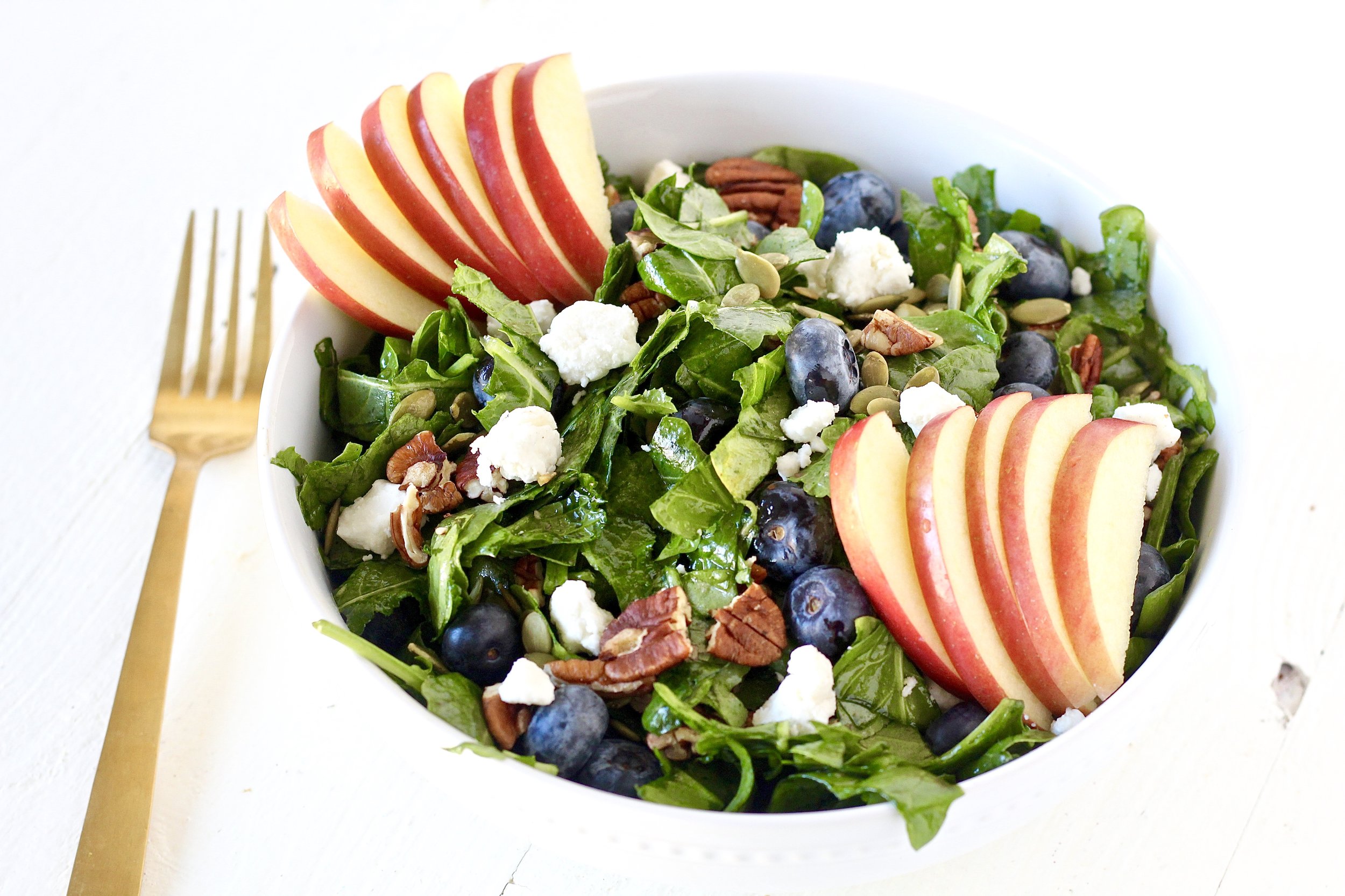 Heart Healthy Blueberry Apple Salad | Milk & Honey Nutrition Heart Healthy Blueberry Apple Salad with gold fork