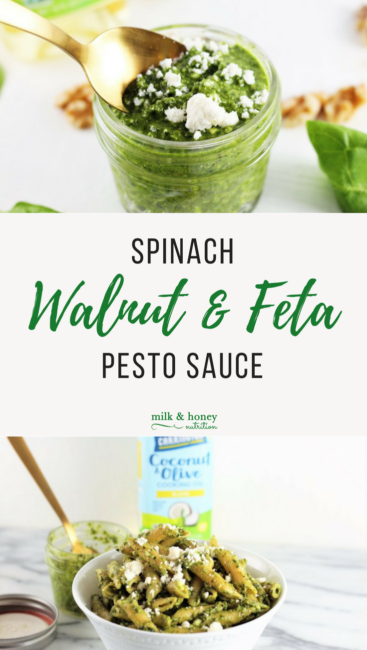 spinach walnut and feta pesto sauce in mason jar and on cooked pasta with coconut and olive oil milk and honey nutrition