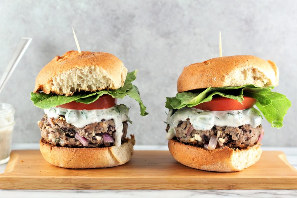 Lamb, Feta, and Black Bean Burgers with Greek Yogurt Tzatziki Sauce