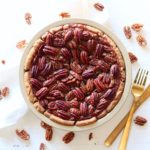 Lower Sugar Pecan Pie on table with pecans