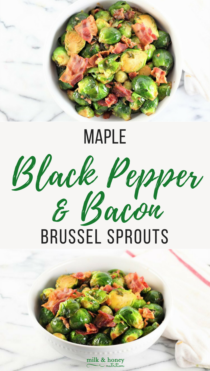 pinterest graphic for maple bacon brussel sprouts with black pepper