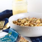Vegan Creamy Butternut Squash Quinoa Bowl with empty bag of quinoa