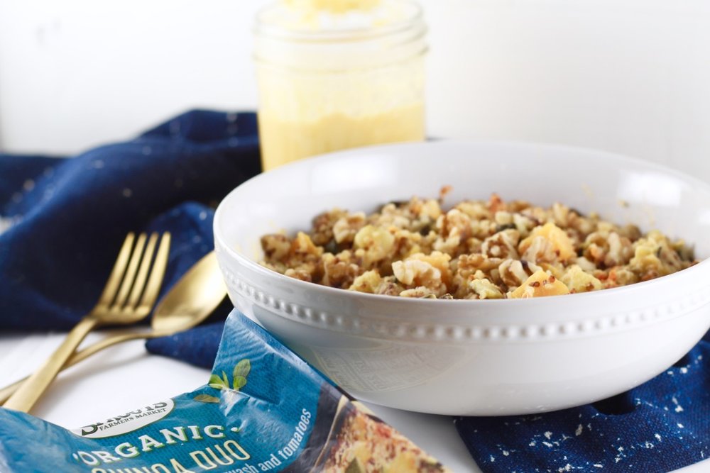 Vegan Creamy Butternut Squash Quinoa Bowl with empty bag of quinoa