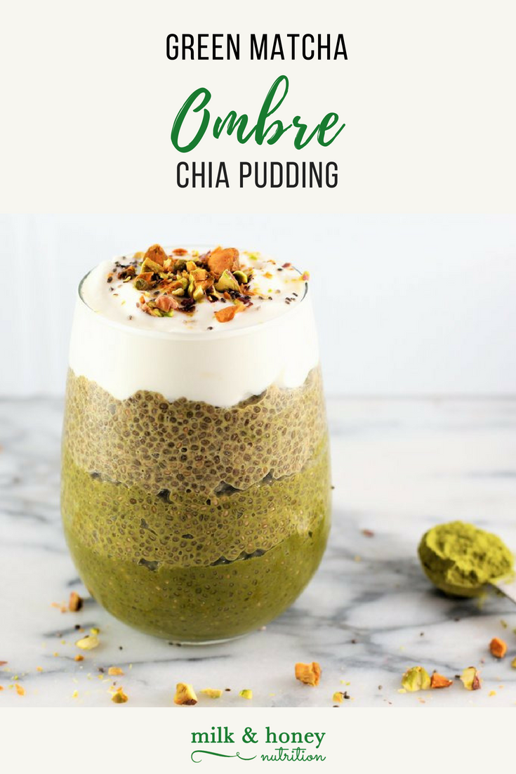 green matcha ombre chia pudding in wine glass on marble counter milk and honey nutrition