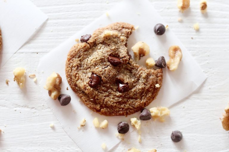 Grain free Walnut Chocolate Chip Cookies with chocolate chips and walnut pieces