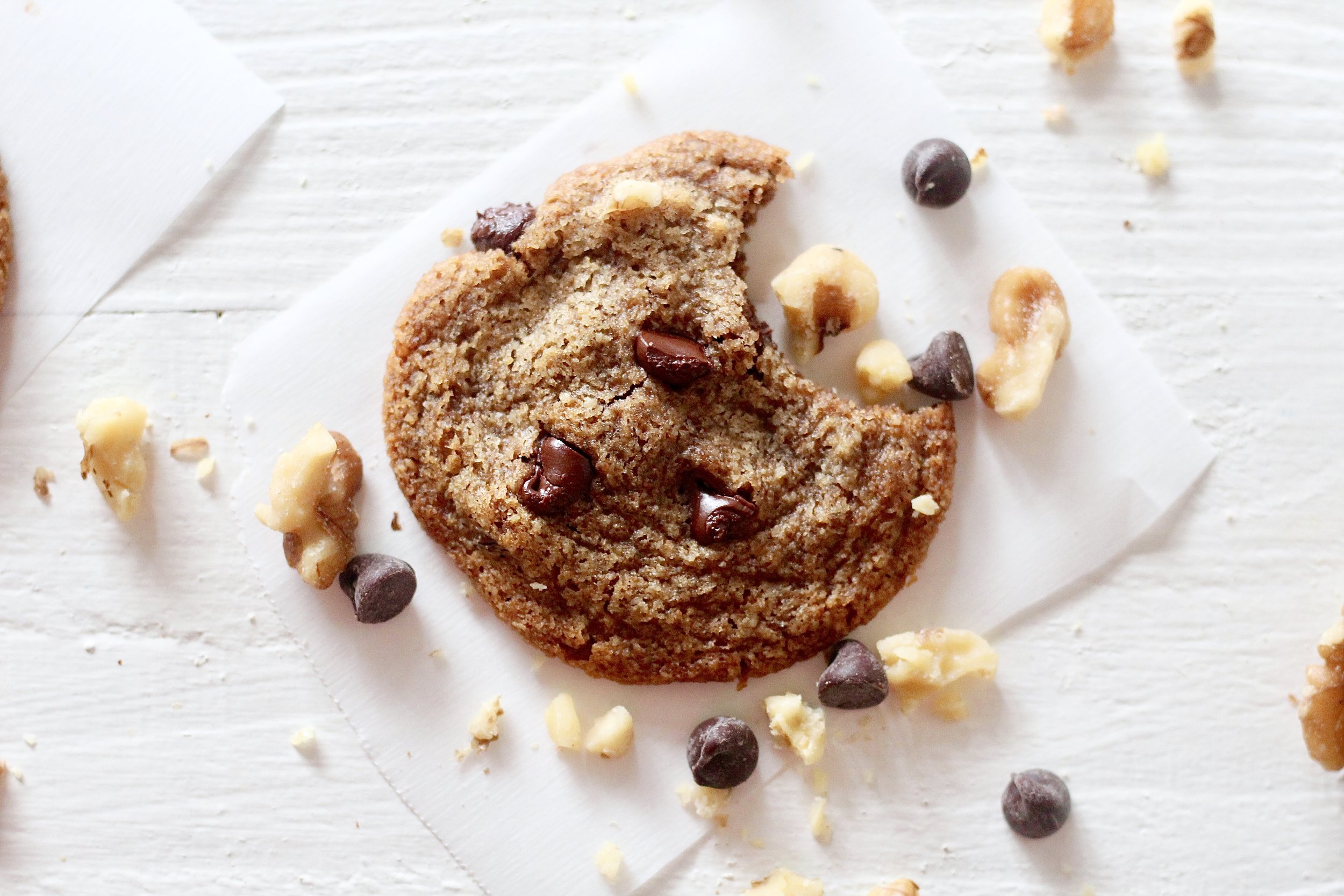 Grain Free Walnut Chocolate Chip Cookies | Milk & Honey Nutrition Grain free Walnut Chocolate Chip Cookies with chocolate chips and walnut pieces