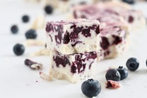 No-Cook Blueberry Vanilla Fudge stacked in two pieces
