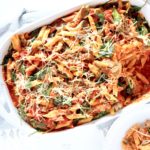 aerial view of Cheesy Ground Lamb and Spinach Pasta Bake