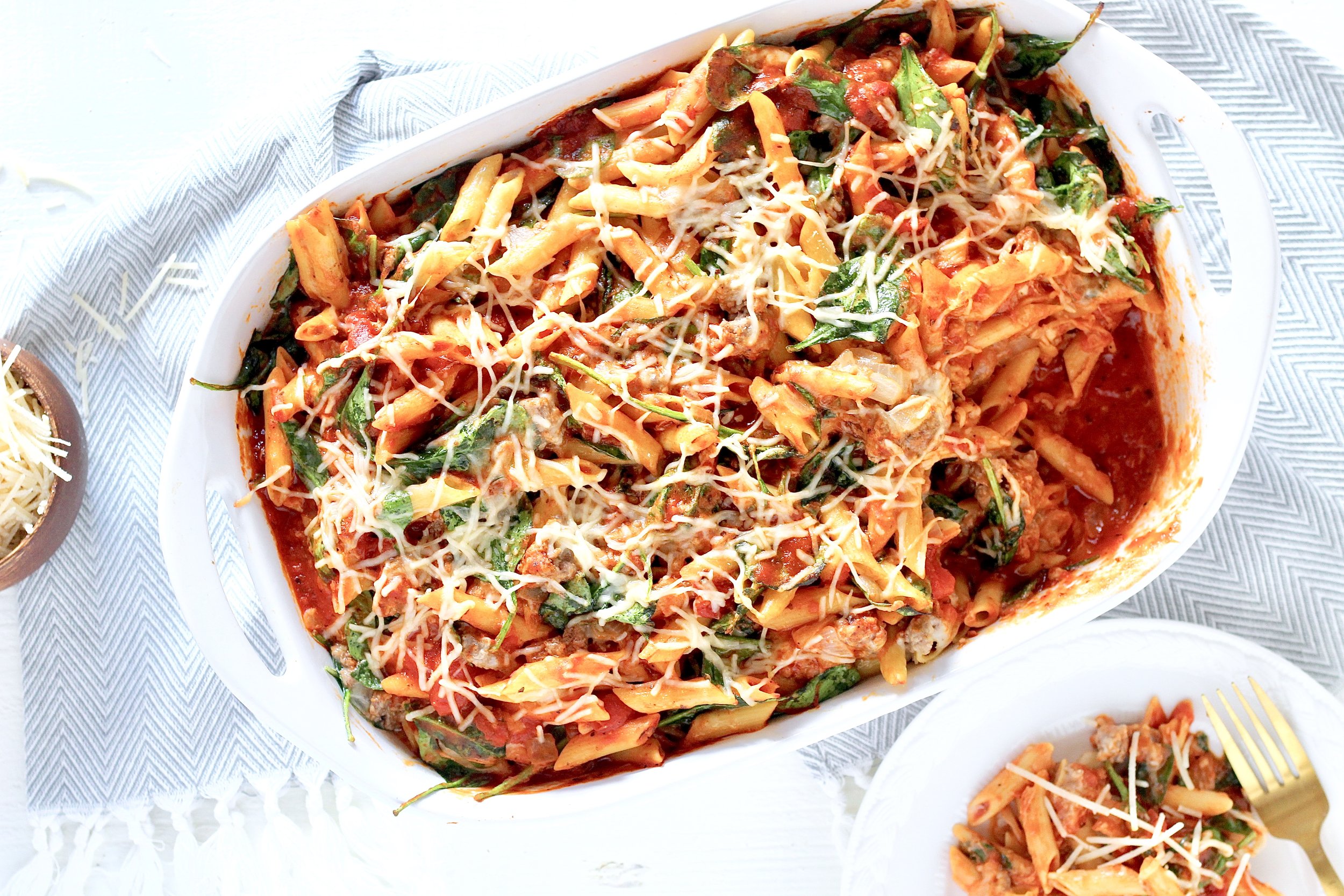 Cheesy Ground Lamb and Spinach Pasta Bake | Milk & Honey Nutrition