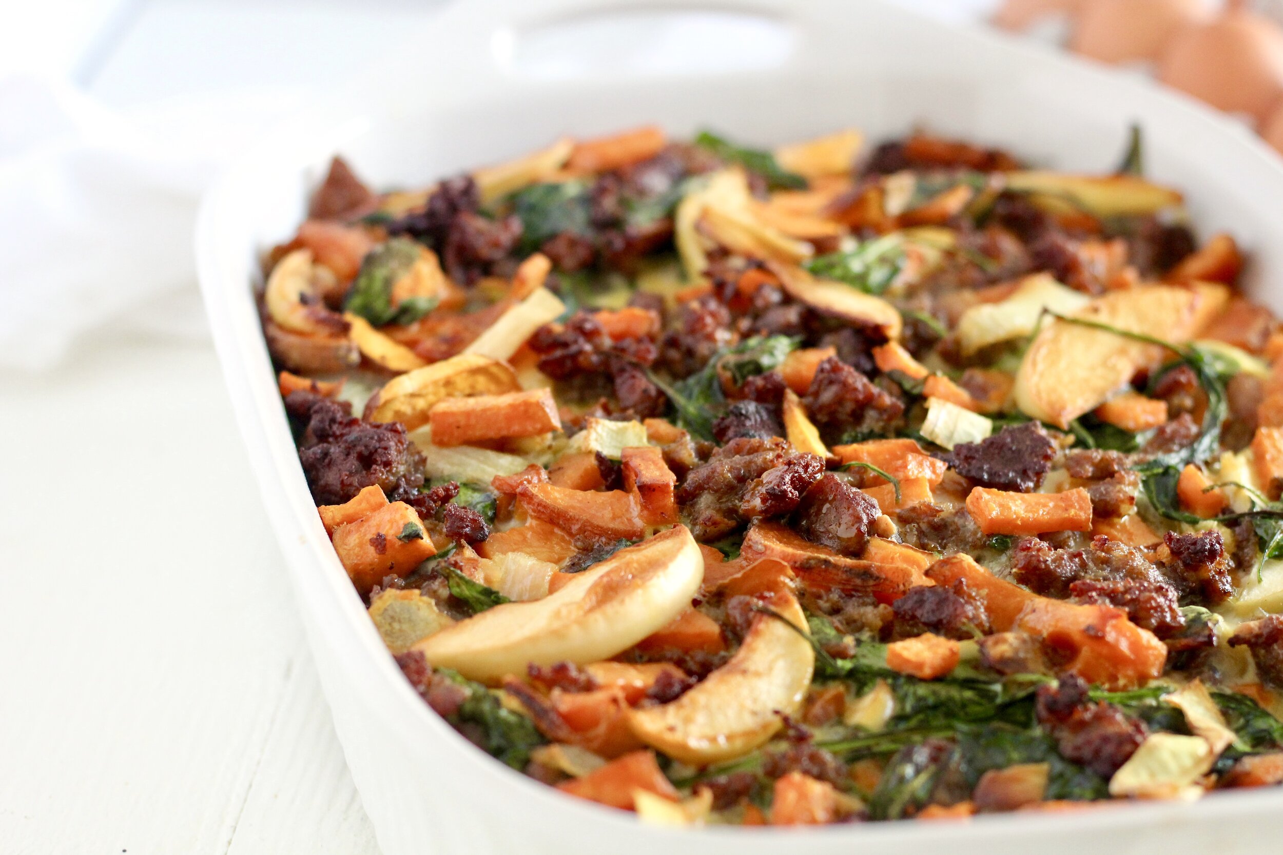  Caramelized Onion, Apple, and Sweet Potato Overnight Breakfast Bake 