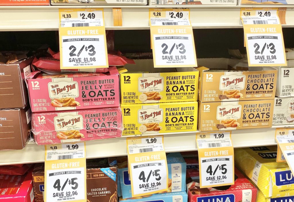 bobs red mill bobs better bar on shelf at sprouts with luna bars peanut butter jelly & oats, peanut butter banana & oats, peanut butter chocolate & oats