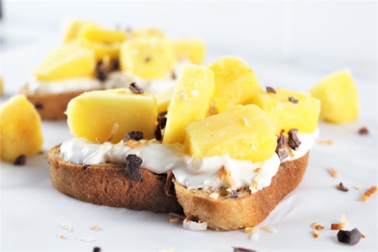 pina colada toast topped with pineapple