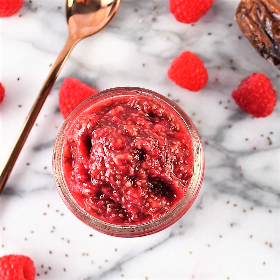 aerial view of raspberry chia jam in jar