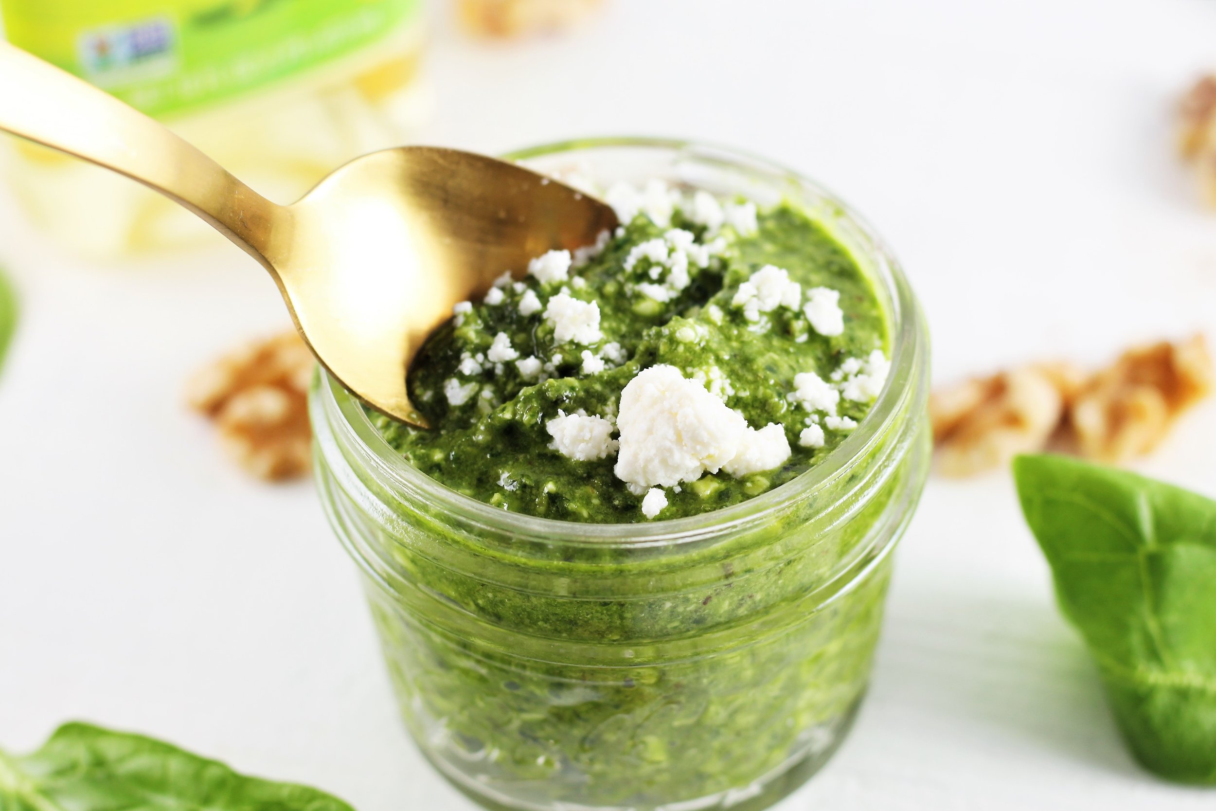  This pesto sauce goes great on EVERYTHING! Literally! Try it on salmon, pasta, chicken salad, toast, etc.  