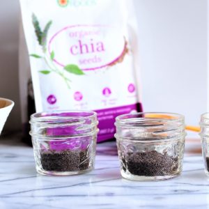 two small bowls of chia seeds with bag for chia seed pudding