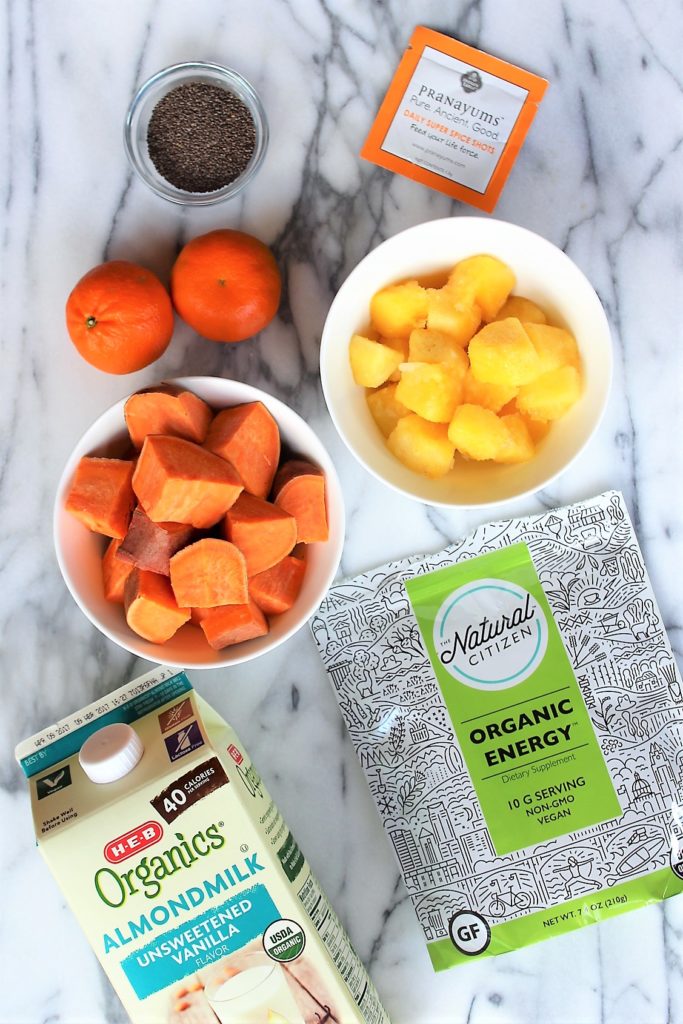 aerial view of sweet potato sunrise smoothie ingredients