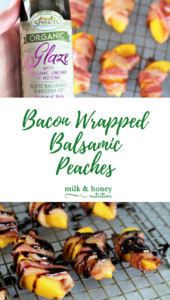 bacon wrapped balsamic peaches with sprouts organic glaze with balsamic vinegar of modena