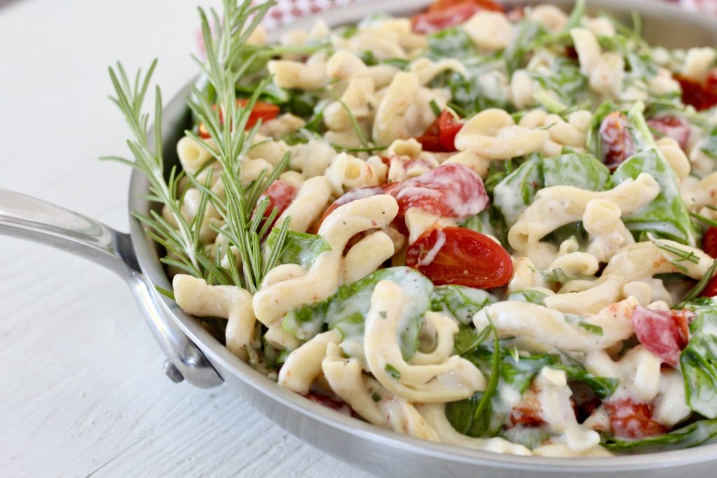 pasta dish in stainless steel skillet chickpea pasta for blood sugar balance