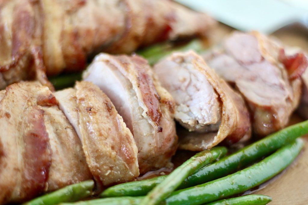 bacon wrapped pork tenderloin with green beans