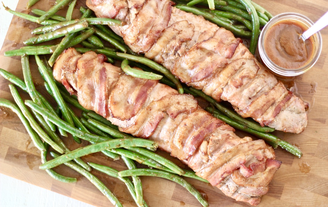 pork tenderloin with bacon and green beans and peach barbecue sauce