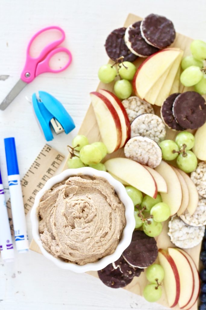 fruit tray for back to school with school supplies