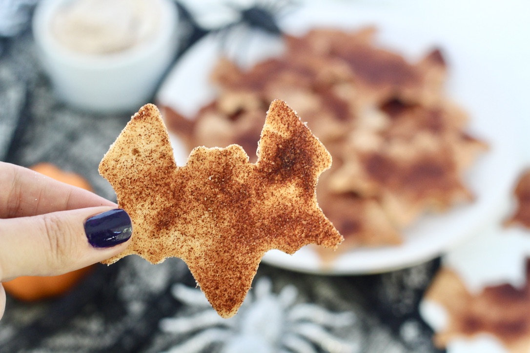 cinnamon sugar tortilla chip in bat shape
