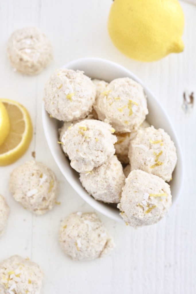no bake lemon cheesecake bites 6 | Milk & Honey Nutrition lemon no bake cheesecake bites in white dish with lemon slices diabetes desserts