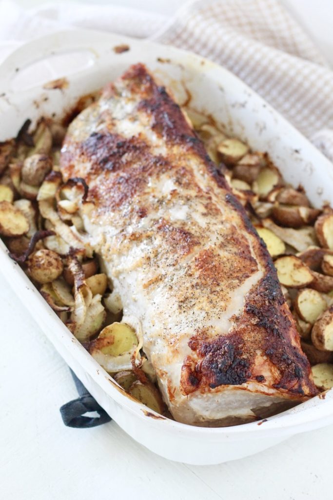 pork loin roast in white pan