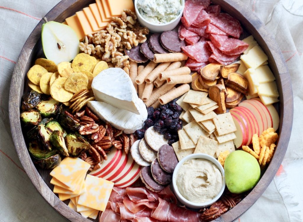 fall themed charcuterie board on a lazy Susan