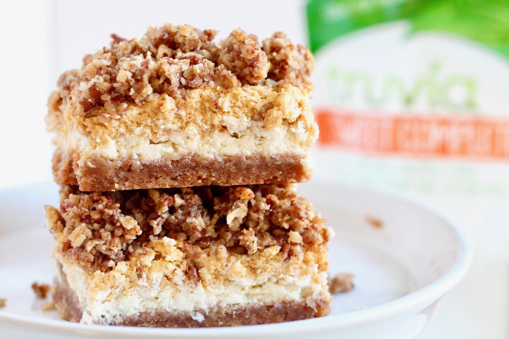 two layered cheesecake bars with truvia