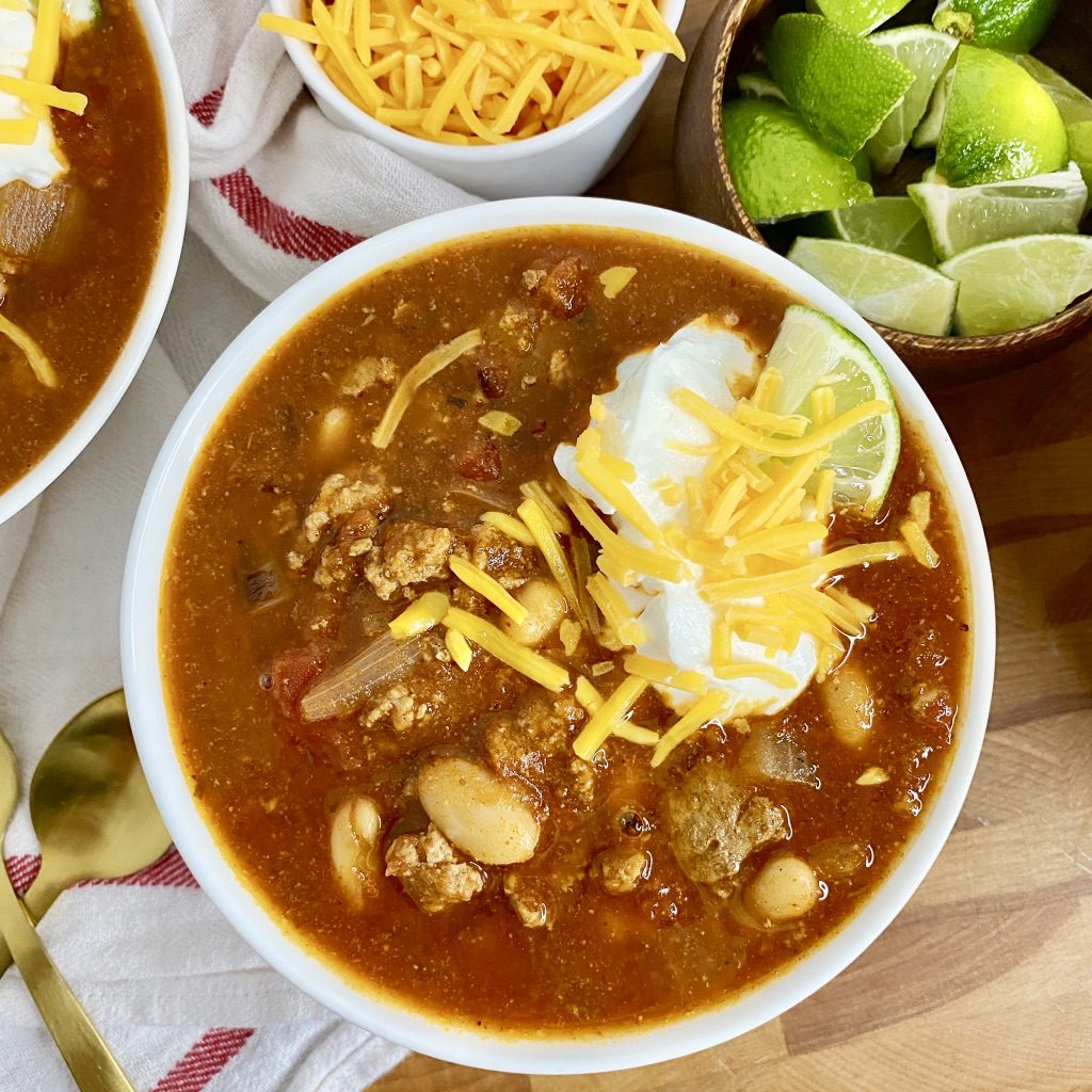 gluten free turkey chili in white bowl