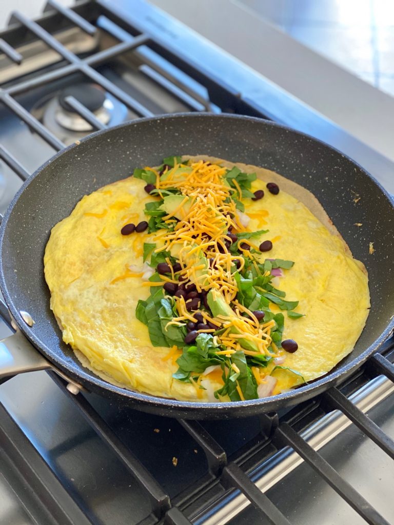 egg quesadilla in non stick pan
