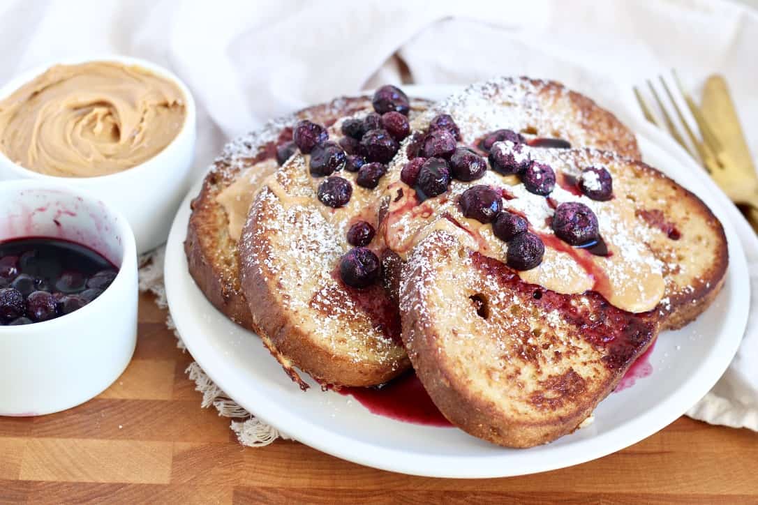 sourdough french toast with blueberries and peanut butter