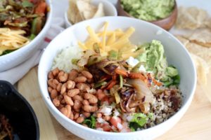 low carb burrito bowl in white bowl