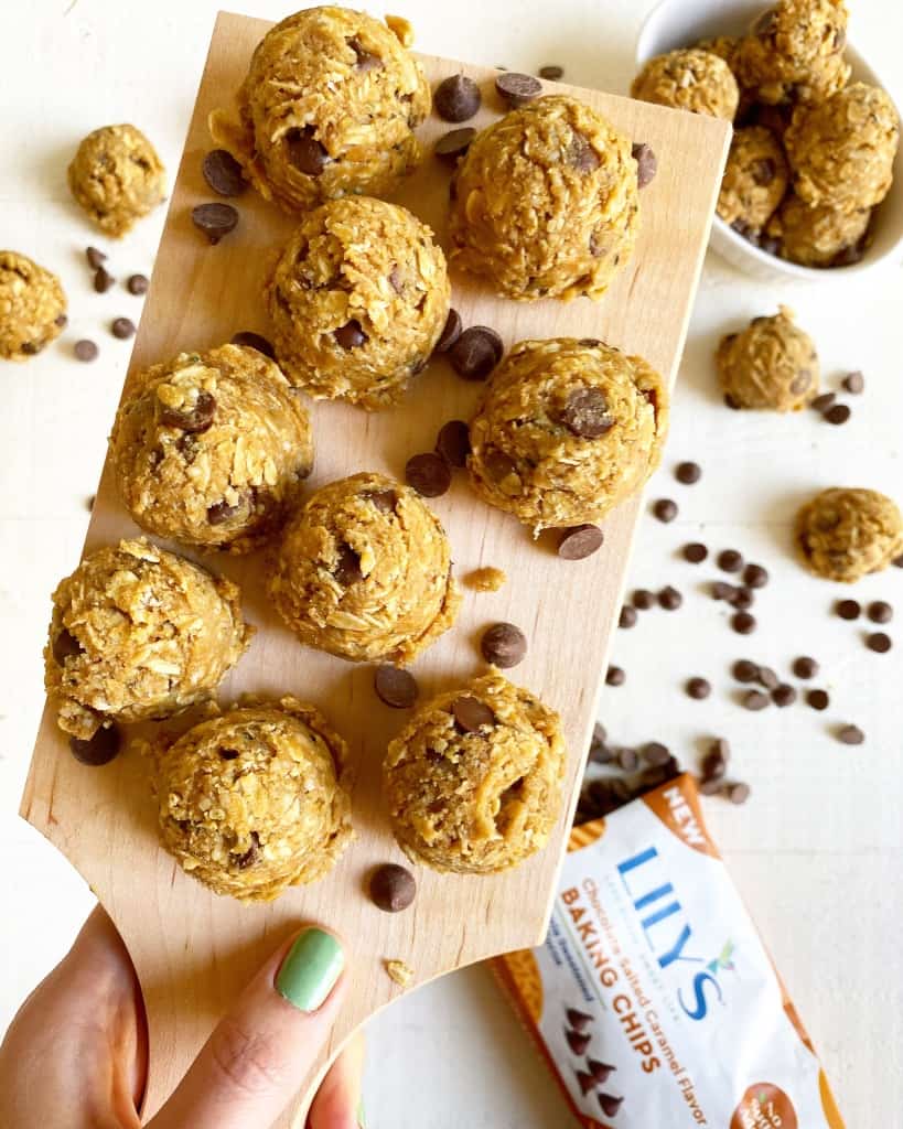 oatmeal chocolate protein balls made with lilys chocolate chips