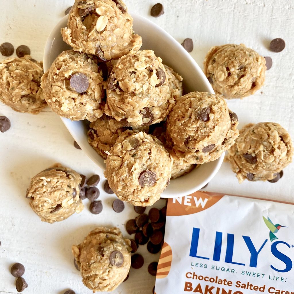 bowl of oatmeal chocolate protein balls with chocolate chips