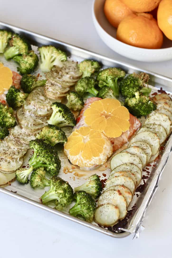 one pan salmon and veggies with citrus potatoes broccoli