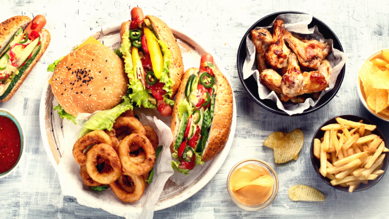 hamburger, onion rings, chicken drumsticks fast food for diabetes