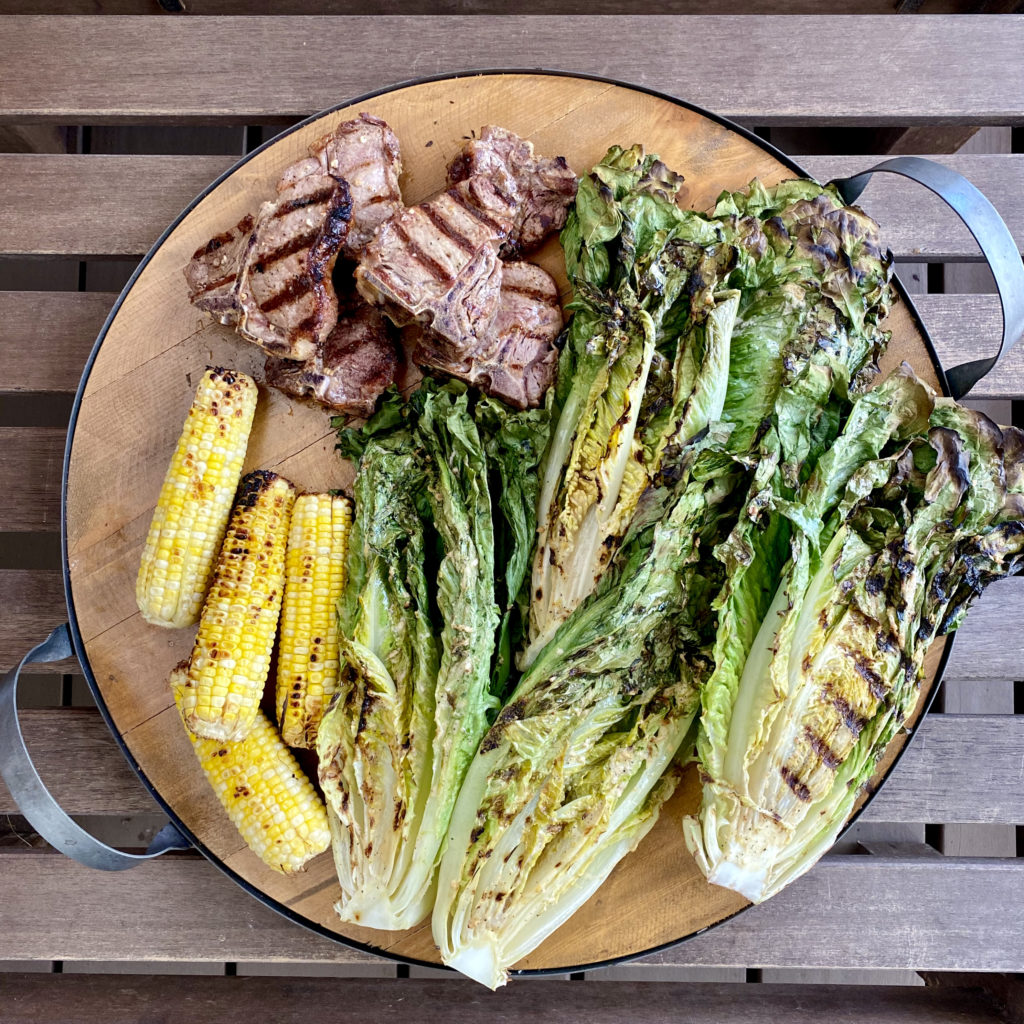 grilled lamb loin chops grilled romaine and grilled corn on the cob